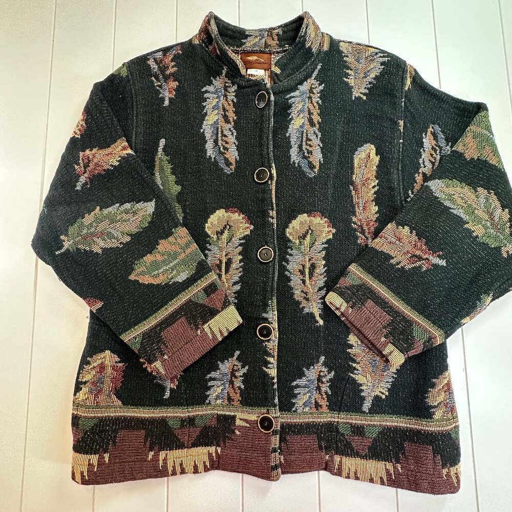 Bob Timberlake Vintage Tapestry Cardigan Jacket Feather Print Black Brown S/M
